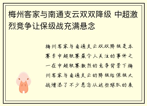 梅州客家与南通支云双双降级 中超激烈竞争让保级战充满悬念 梅州客家与南通支云双双降级 中超激烈竞争让保级战充满悬念